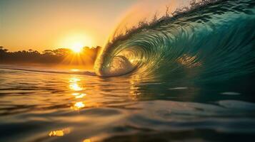 Indonésia uma perfeito onda pôr do sol luz, imagem com grão, altamente detalhado. ai generativo foto