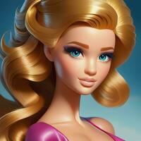 uma retrato do uma bonita jovem mulher gostar uma Barbie boneca, vestindo Rosa vestir de Anúncios sorridente, ai gerado foto