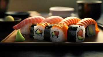 japonês Sushi rolos em uma Preto prato, dentro a estilo do luz marrom e esmeralda, meticuloso fotorrealista ainda vidas, generativo ai foto