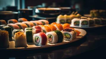 delicioso chinês Sushi dentro uma Sushi restaurante, retrato fotografia. generativo ai foto