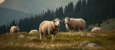ovelha pastar dentro alpino prados e unidades com montanha natureza. generativo ai foto