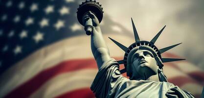 a EUA bandeira aumenta a magnificência do a estátua do liberdade. generativo ai foto