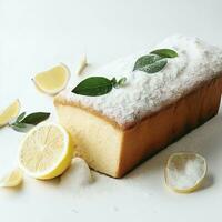 pão do glúten livre limão bolo com açúcar pó, peças do limão, verde folhas em branco fundo. ai generativo foto