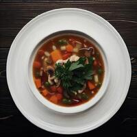 topo Visão sopa com legumes e salsinha dentro uma branco prato em uma Sombrio de madeira fundo. ai generativo foto