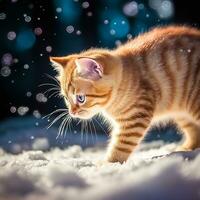 uma laranja fofa gordo gatinho cheirando a neve agitado humor ai gerado imagem foto