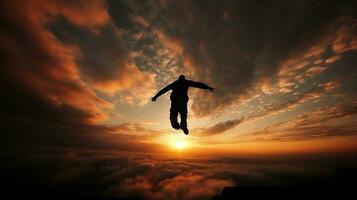 uma homem flutuando dentro a céu pôr do sol fotografia ai gerado foto
