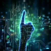 uma de empresário mão dedo tocante com cyberpunk néon cyber espaço iluminação tecnologia o circuito foto