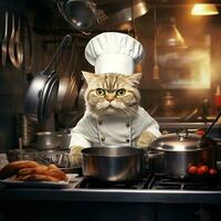 uma gato chefe de cozinha dentro uma restaurante cozinhando Comida dentro uma cozinha foto