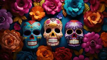 crânios com floral decorações. composição para dia do morto. generativo ai foto