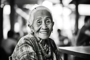 uma sorridente Senior mulher é sentado às uma cafeteria foto