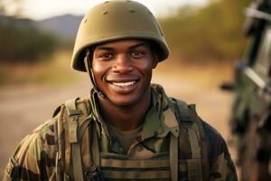 uma jovem Preto homem dentro uma militares uniforme é sorridente e posando para uma foto