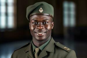 uma jovem Preto homem dentro uma militares uniforme é sorridente e posando para uma foto