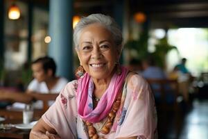 sorridente Senior mulher dentro uma restaurante foto