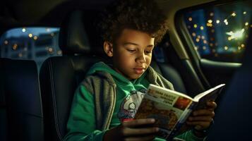 pequeno Garoto lendo uma revista dentro uma carro foto