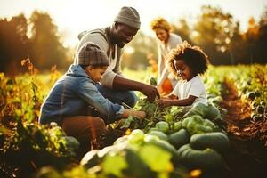 famílias pegue Diversão de colheita abóboras às a abóbora fragmento foto