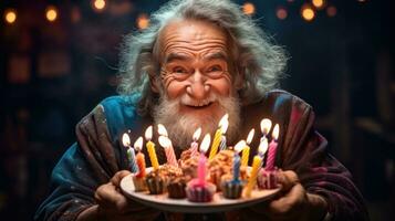 velho homem com aniversário bolo foto