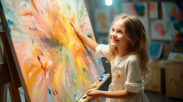 uma pequeno menina pintura a abstrato pintura em a cavalete foto
