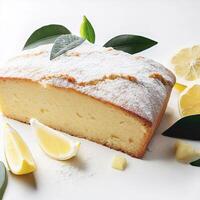 pão do glúten livre limão bolo com açúcar pó, peças do limão, verde folhas em branco fundo. ai generativo foto