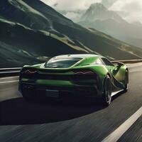 uma verde Esportes carro é dirigindo em uma estrada dentro frente do montanhas. ai generativo foto