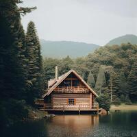 madeira cabine em a lago - registro cabine cercado de árvores, montanhas, e água dentro natural paisagens. ai generativo foto