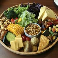 vegetariano almoço em de madeira prato com variedade. ai generativo foto