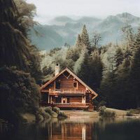 madeira cabine em a lago - registro cabine cercado de árvores, montanhas, e água dentro natural paisagens. ai generativo foto