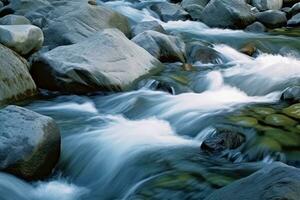 ai generativo montanha velozes fluindo rio corrente do água dentro a pedras com azul céu foto