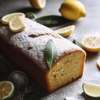 pão do glúten livre limão bolo com açúcar pó, peças do limão, verde folhas. ai generativo foto