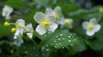 ai generativo branco flores com gotas de orvalho em a folhas foto