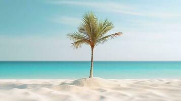 ai generativo branco areia de praia com uma verde Palma árvore foto