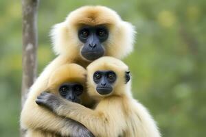 fechar imagem do bochecha gibão macaco mãe com uma criança dentro a floresta. generativo ai foto