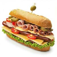 submarino sanduíche com presunto, queijo, alface, tomate, cebola, mortadela e linguiça isolado em branco fundo. ai generativo foto