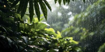 chuva cai dentro uma floresta tropical com a chuva gotas. generativo ai foto