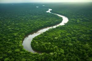 aéreo Visão do a amazonas selva panorama com rio dobrar. generativo ai foto