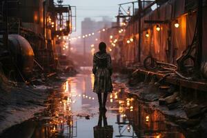 uma mulher dentro uma Sombrio fada kei moda Casamento vestir vadear dentro uma atropelar industrial complexo dentro a chuva às crepúsculo. temperamental atmosfera. ai generativo foto