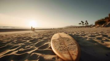 uma prancha de surfe em areia às a de praia ai generativo foto