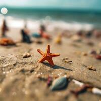 ai generativo uma estrelas do mar deitado em uma areia dentro uma de praia foto