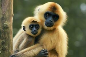 fechar imagem do bochecha gibão macaco mãe com uma criança dentro a floresta. generativo ai foto