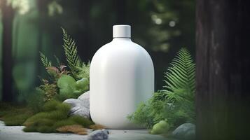 natural Cosmético produtos apresentação nos bastidores. ao ar livre floresta colocação. branco em branco jarra xampu garrafa. 3d. ai generativo foto