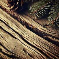 velho tábua madeira borda com pinho árvore ramo e decoração. ai generativo foto