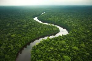aéreo Visão do a amazonas selva panorama com rio dobrar. generativo ai foto