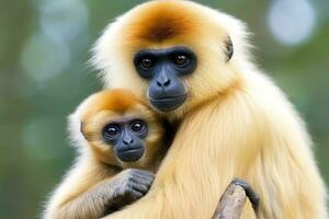 fechar imagem do bochecha gibão macaco mãe com uma criança dentro a floresta. generativo ai foto