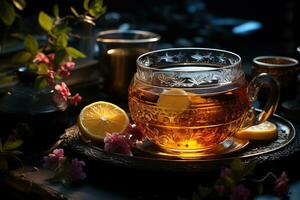 copo do chá e hortelã em uma natureza fundo foto