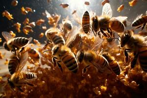 fechar acima Visão do a abelhas em querida células foto