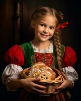 uma fechar-se retrato do uma jovem menina vestindo uma tradicional Natal vestir, Natal imagem, fotorrealista ilustração foto