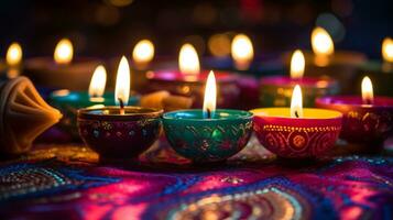diwali luzes com velas Sentou em uma vermelho padrão, diwali estoque imagens, realista estoque fotos