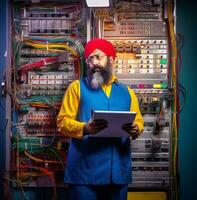 homem mostrando uma prancheta dentro luz do a elétrico equipamento, industrial maquinaria estoque fotos