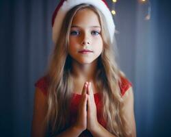 uma santa claus vestido menina segurando acima seus mãos para Natal santa Papai Noel, Natal imagem, fotorrealista ilustração foto