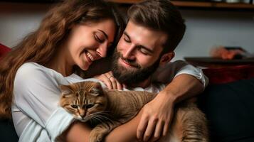 uma jovem casal é sentado em a sofá abraçando seus gato, mental saúde imagens, fotorrealista ilustração foto