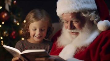 uma fechar acima do Santa face Como ele lê uma livro para uma criança, Natal imagem, fotorrealista ilustração foto